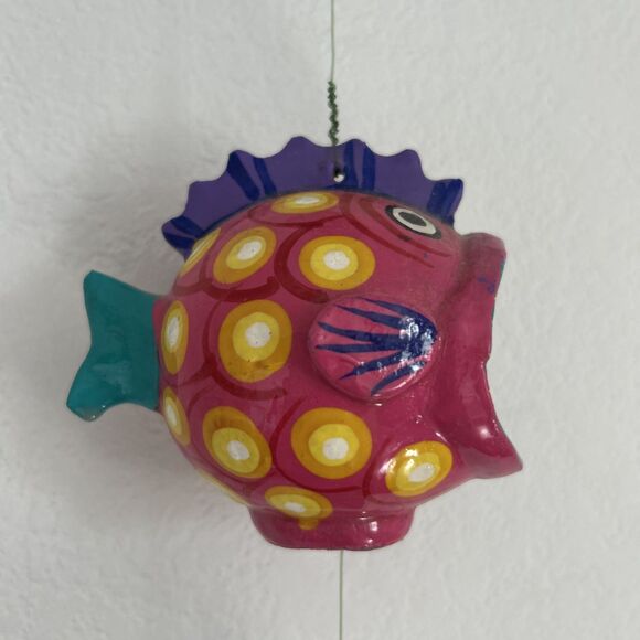 Hanging Puffer Fish on a String Mexican Hand Painted Coconut Wood Coastal Mobile - Picture 3 of 6